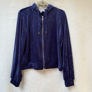 Magaschoni Blue Soft Velour Zip Front Hoodie Jacket Women Large Athleisure Comfy